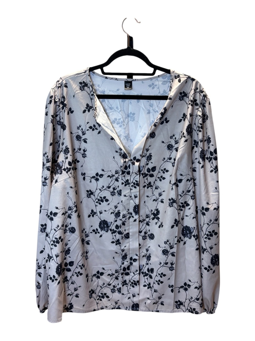 SHEIN Beige Button-Down Floral Blouse with Black Print